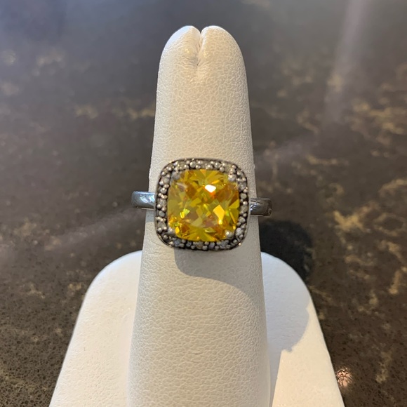 Sterling Silver Synthetic Golden Topaz & Diamond Halo Ring - Picture 2 of 4